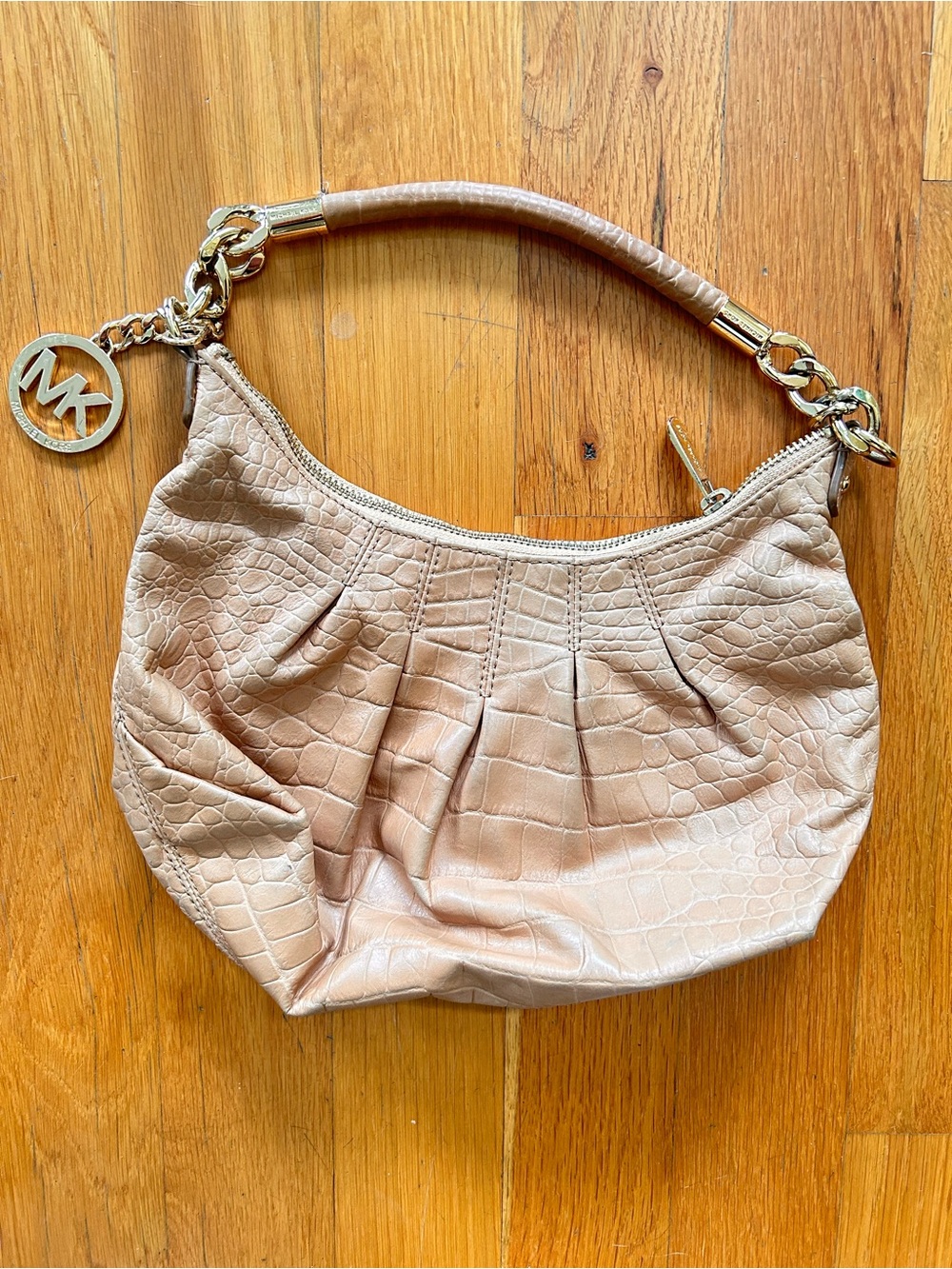 Michael Kors Beige Croc-Embossed Leather Shoulder Bag with Gold Hardware